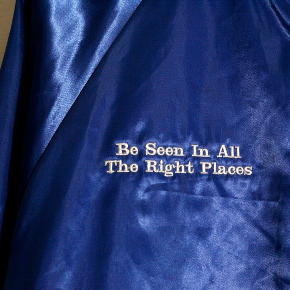 Vintage 80s Trucker Satin Bomber Style Jacket Snap Cardinal USA Reflective Blue - Picture 6 of 10